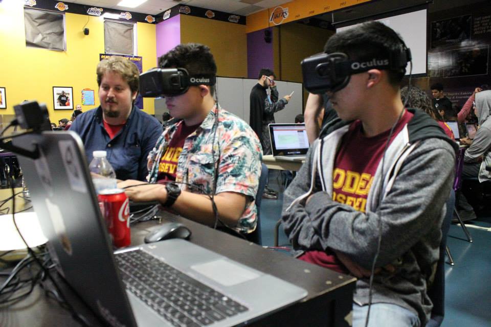 Students exploring virtual reality with Oculus Rift.